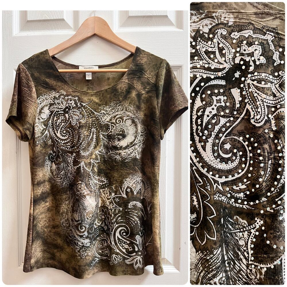 Y2K Earth Tone Rhinestone Embellished Paisley Print Short Sleeve Top Small USA